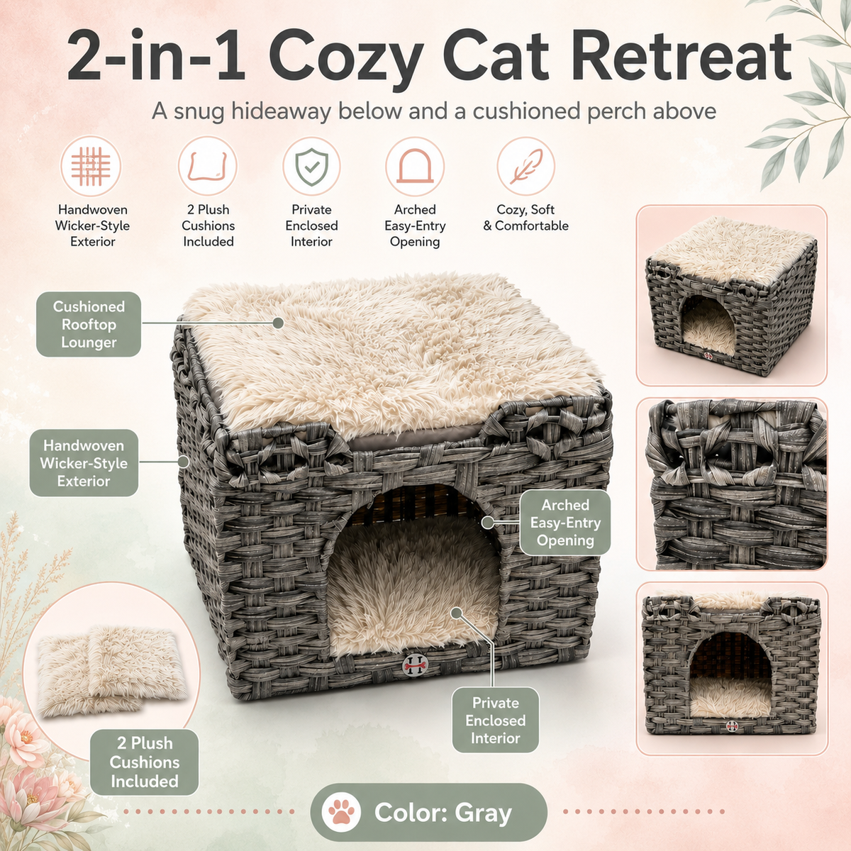 Handwoven Cat House with Two Cushions, Gray