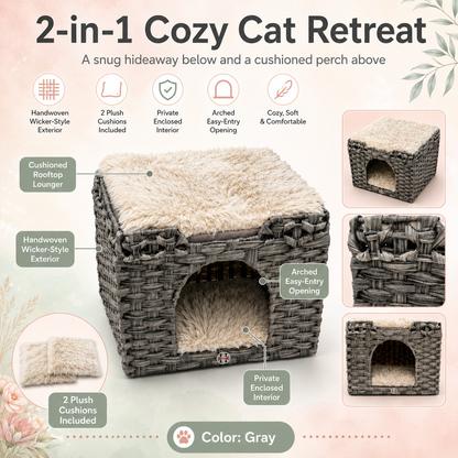 Handwoven Cat House with Two Cushions, Gray