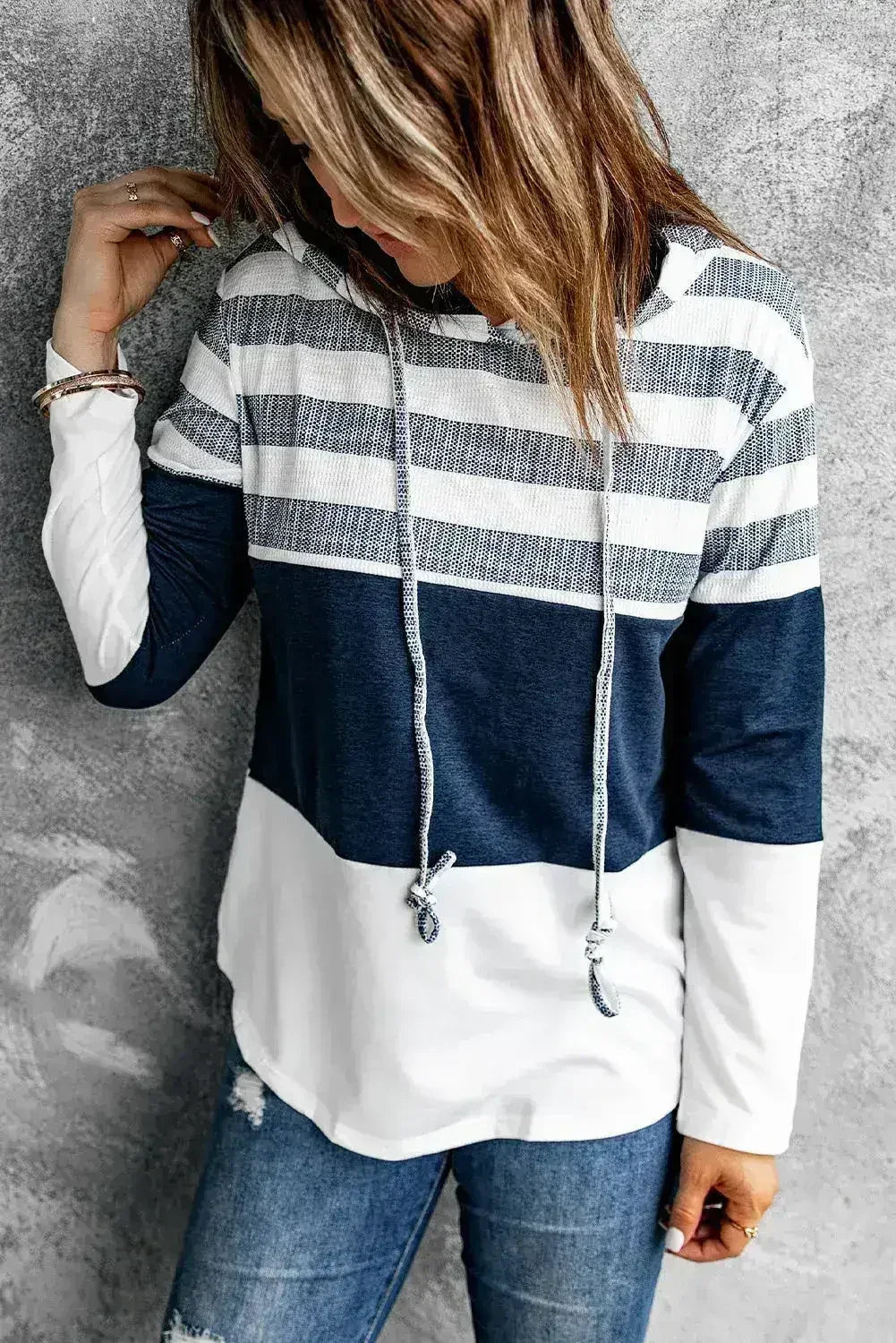 Women's Color Block Drawstring Hoodie – White