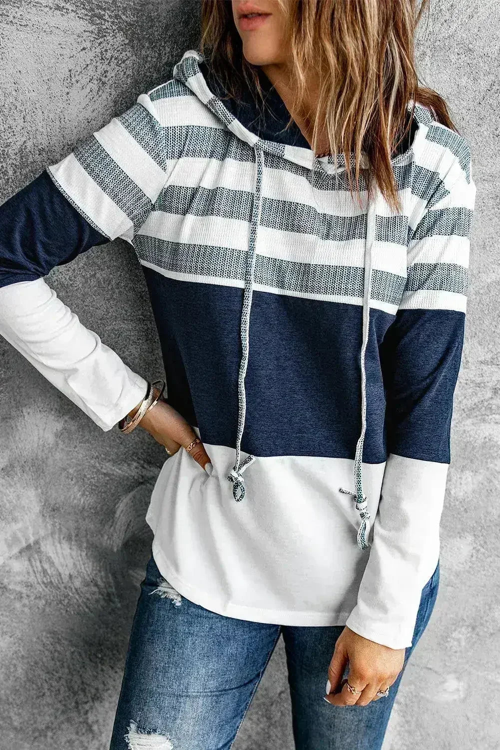 Women's Color Block Drawstring Hoodie – White