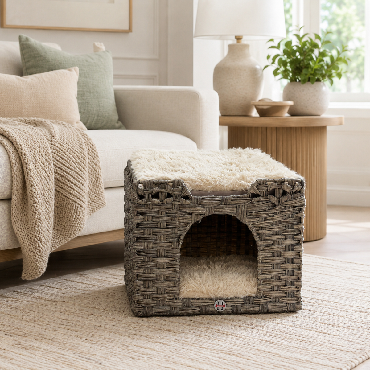 Handwoven Cat House with Two Cushions, Gray