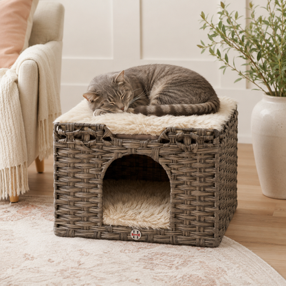 Handwoven Cat House with Two Cushions, Gray