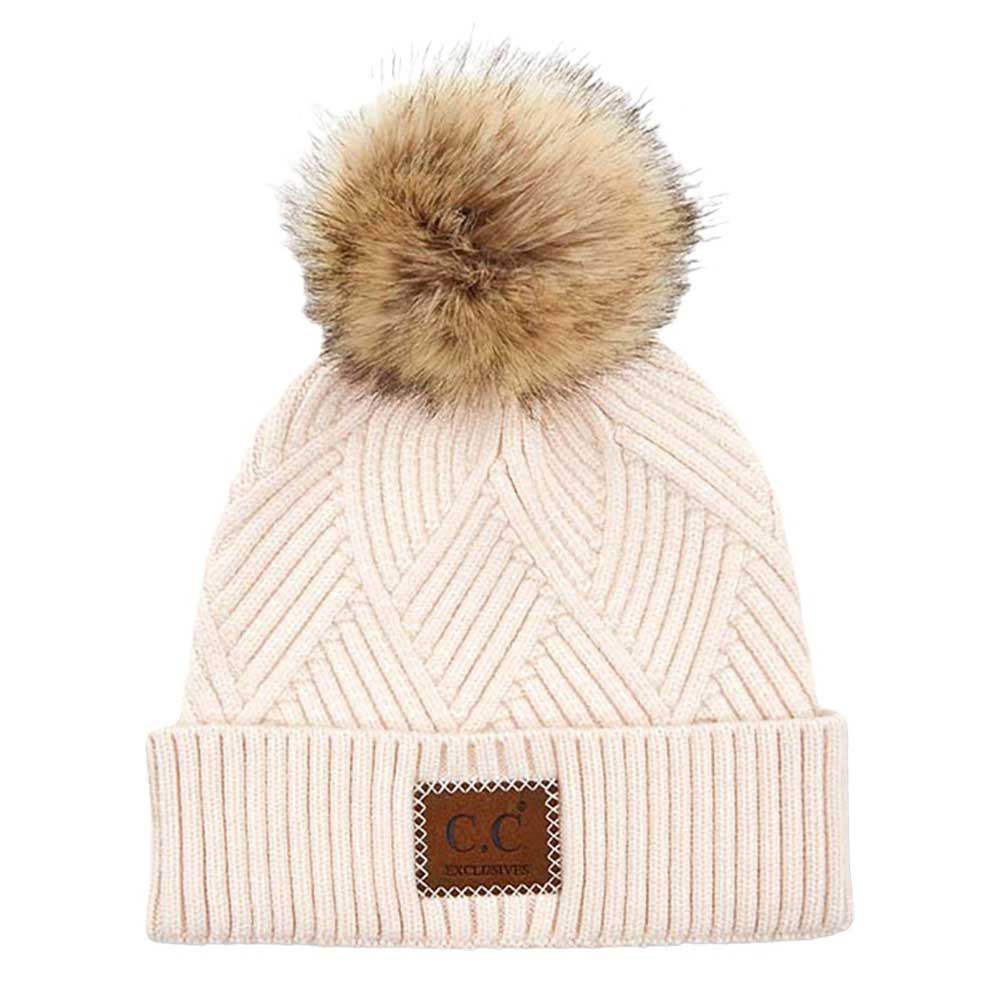 Women's Heather Beanie with Pom and Suede Patch