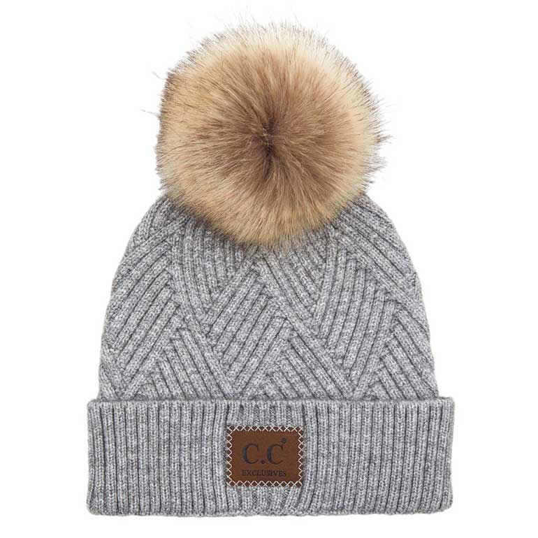 Women's Heather Beanie with Pom and Suede Patch