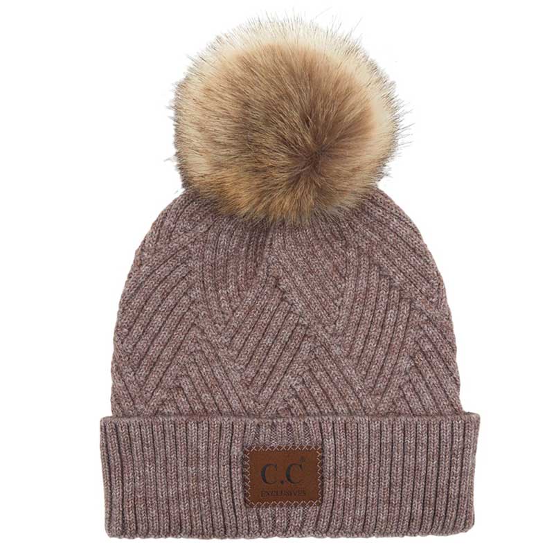 Women's Heather Beanie with Pom and Suede Patch