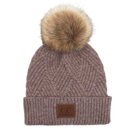 Women's Heather Beanie with Pom and Suede Patch