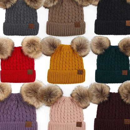 Women's Double Pom Cable Knit Beanie