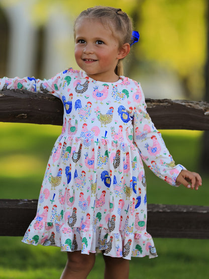Girls' Farm Chicken Print Ruffle-Hem Twirl Dress