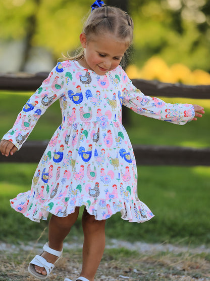 Girls' Farm Chicken Print Ruffle-Hem Twirl Dress