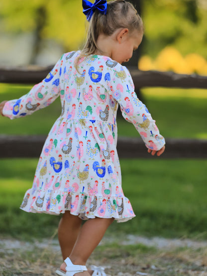 Girls' Farm Chicken Print Ruffle-Hem Twirl Dress