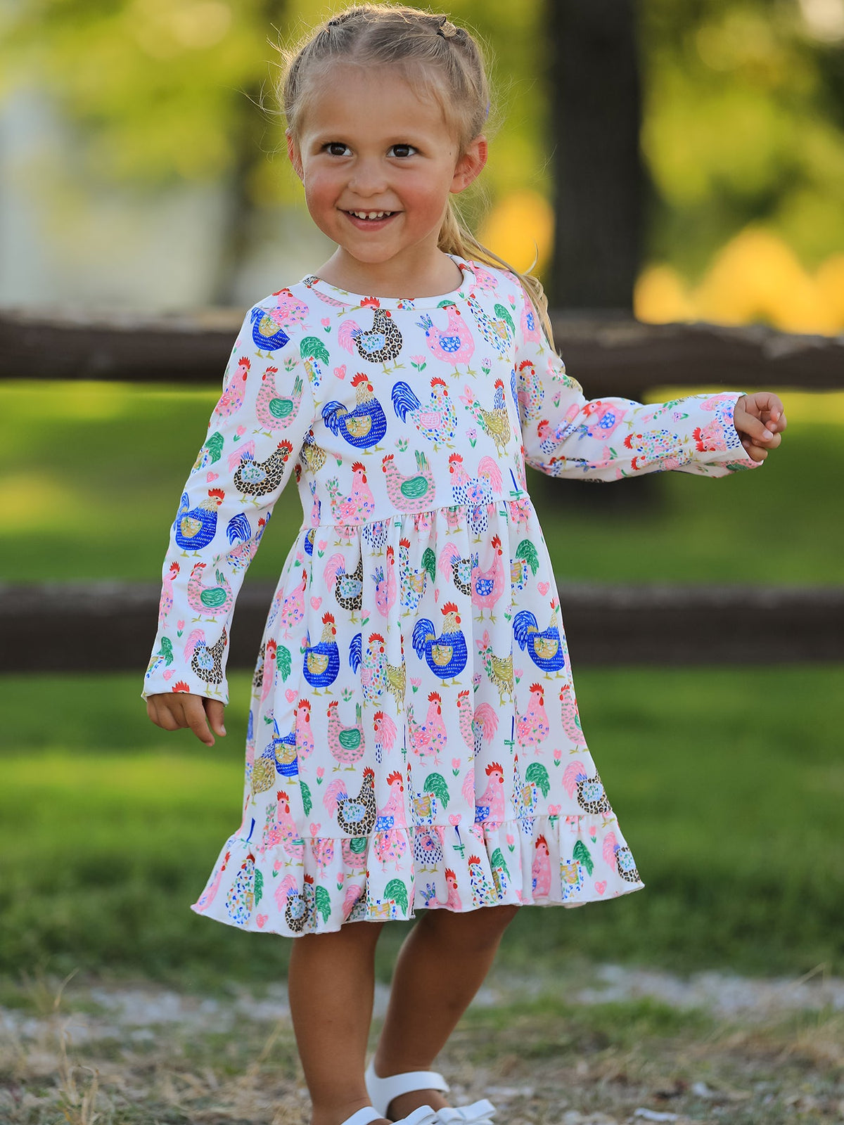 Girls' Farm Chicken Print Ruffle-Hem Twirl Dress