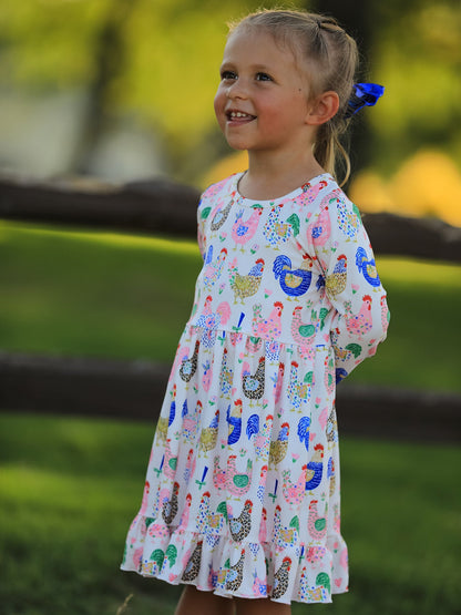 Girls' Farm Chicken Print Ruffle-Hem Twirl Dress