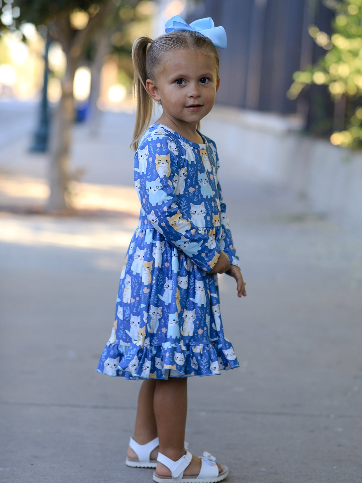 Girls' Fall Cat Print Ruffle Hem Dress, Long Sleeve