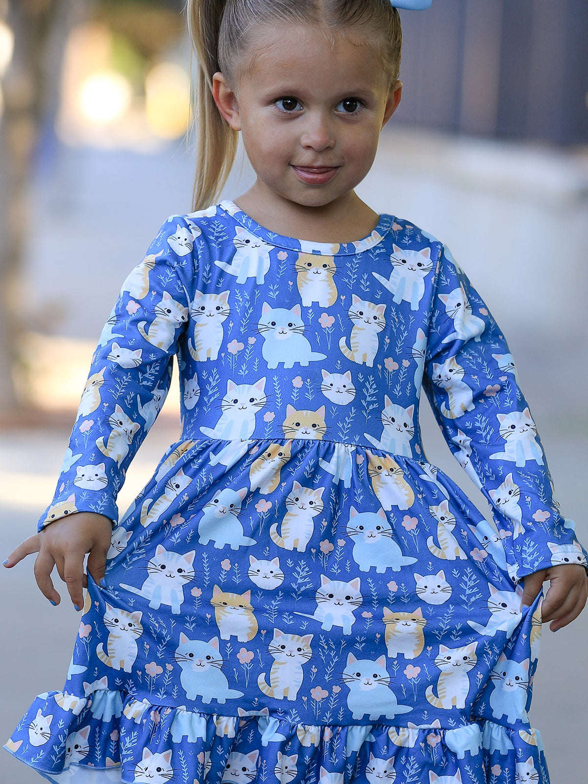 Girls' Fall Cat Print Ruffle Hem Dress, Long Sleeve