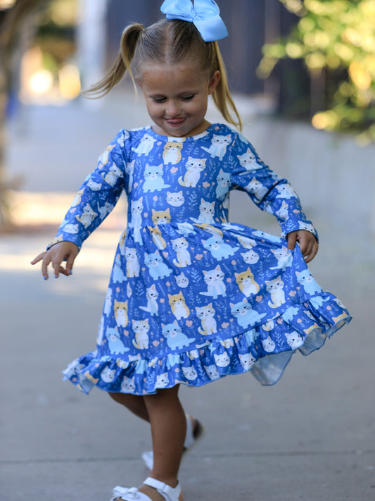 Girls' Fall Cat Print Ruffle Hem Dress, Long Sleeve