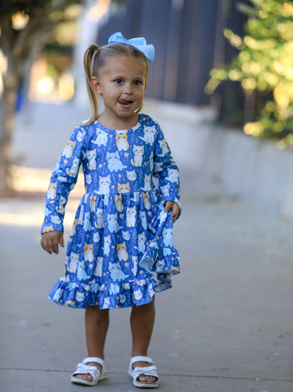 Girls' Fall Cat Print Ruffle Hem Dress, Long Sleeve