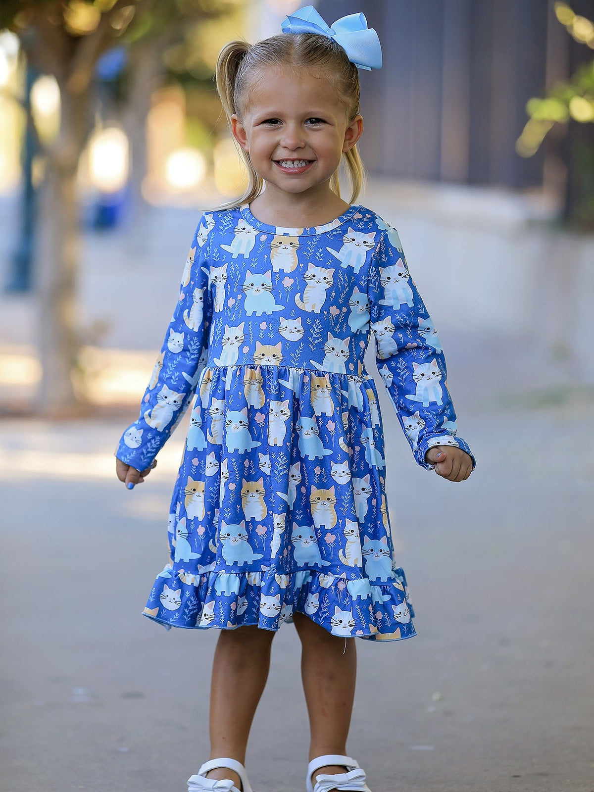 Girls' Fall Cat Print Ruffle Hem Dress, Long Sleeve