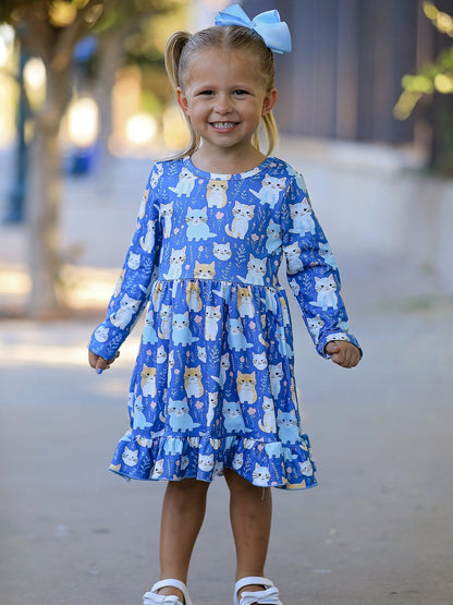 Girls' Fall Cat Print Ruffle Hem Dress, Long Sleeve