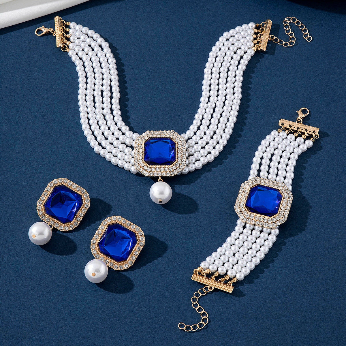 Bridal Imitation Pearl Statement Necklace and Earrings Set, Style B