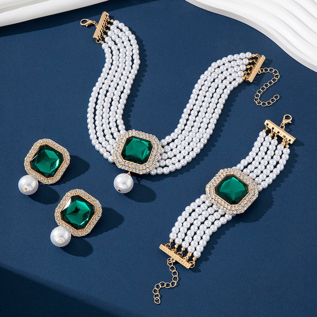 Bridal Imitation Pearl Statement Necklace and Earrings Set, Style B