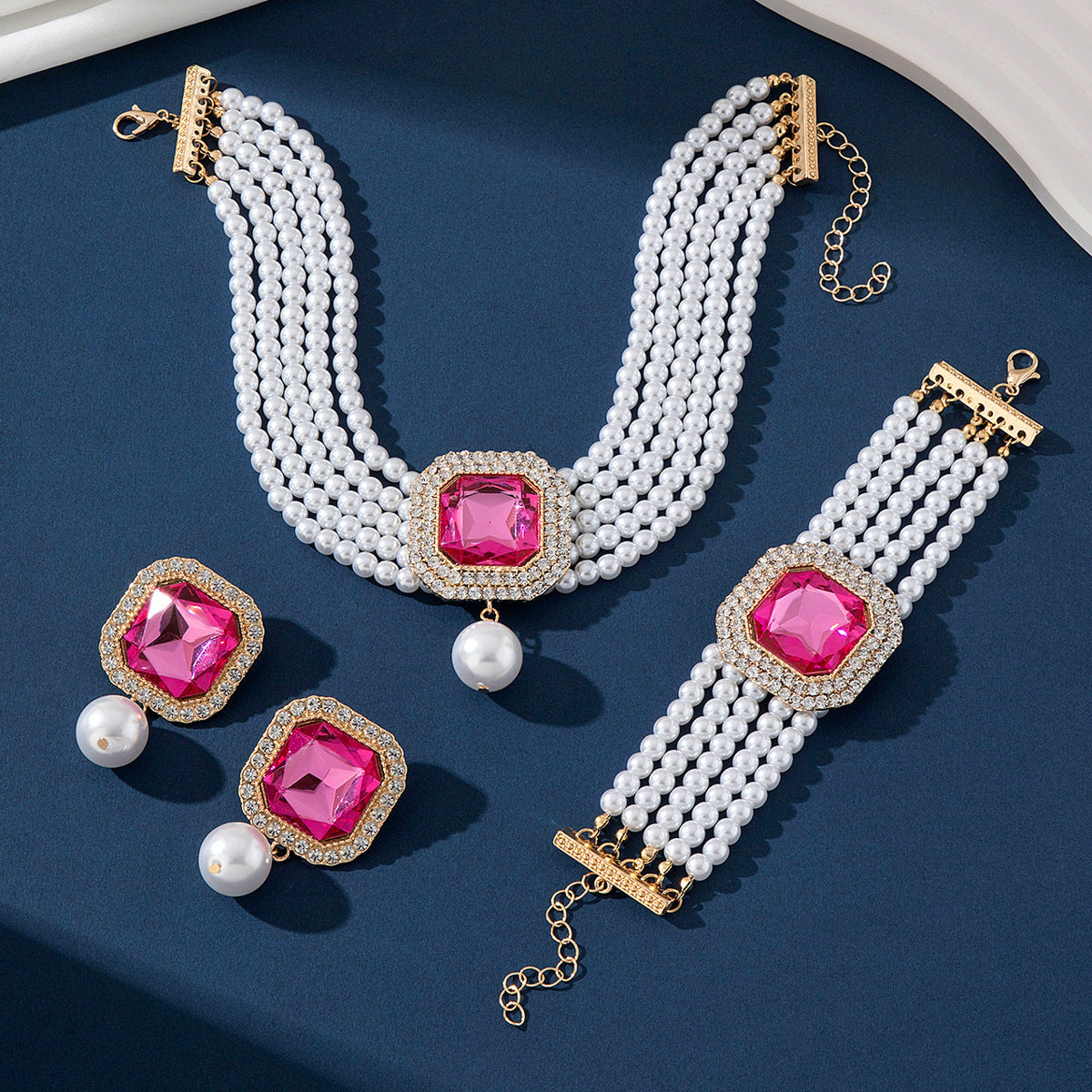 Bridal Imitation Pearl Statement Necklace and Earrings Set, Style B