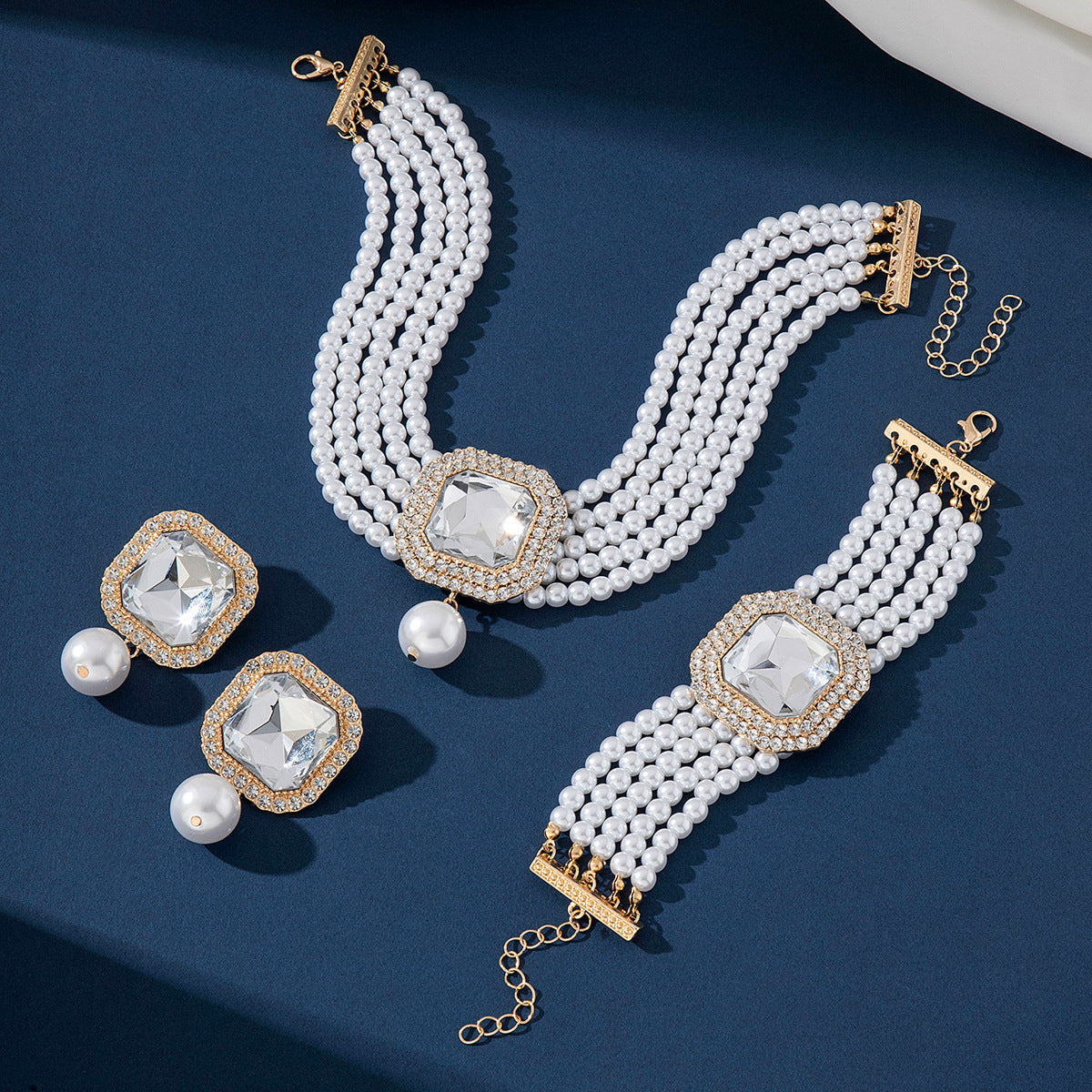 Bridal Imitation Pearl Statement Necklace and Earrings Set, Style B