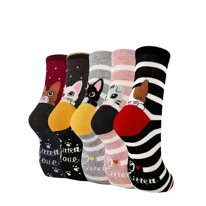 Women's Cat Pattern Crew Socks, Multi-Pack