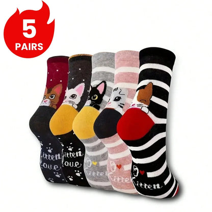 Women's Cat Pattern Crew Socks, Multi-Pack