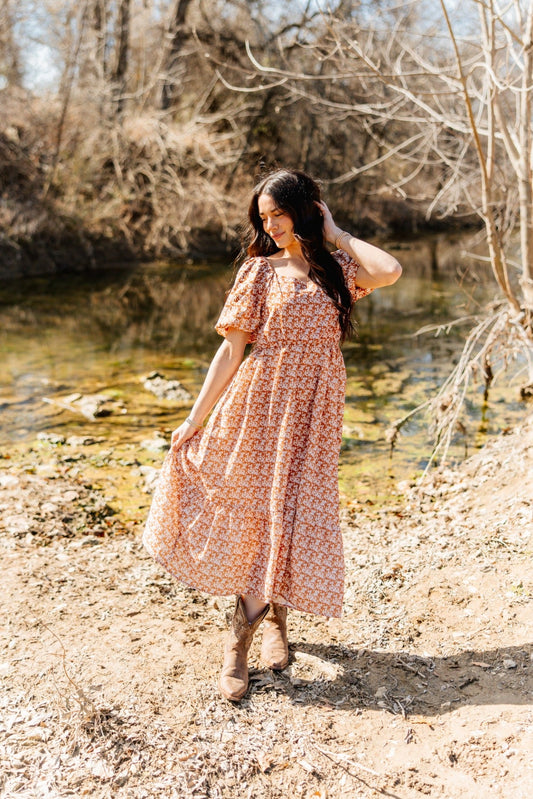 Puff Sleeve Smocked Midi Dress, Rust Floral
