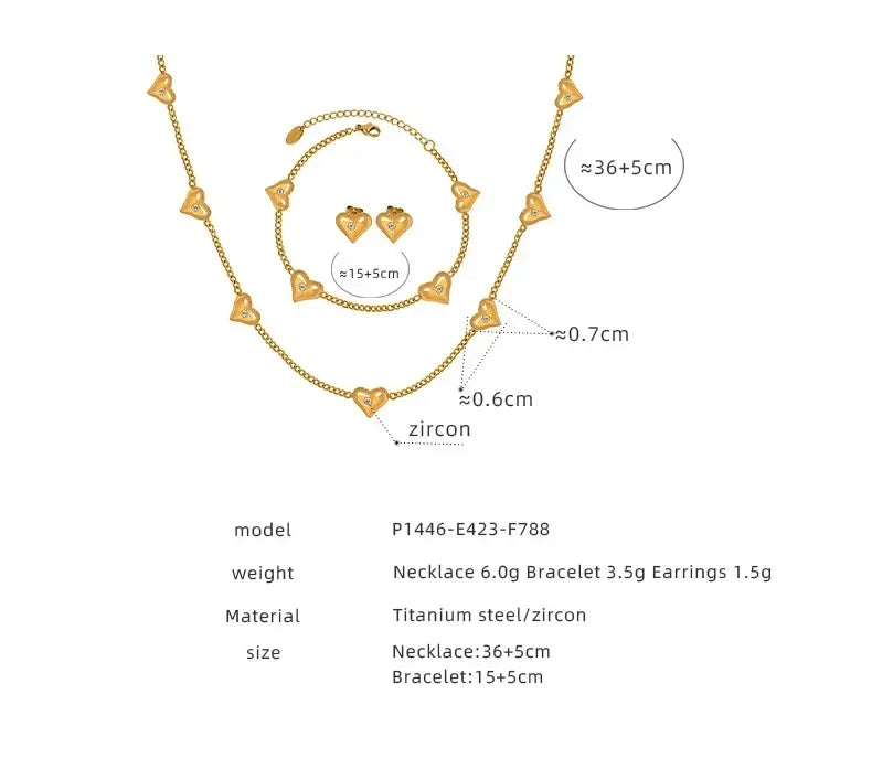 Shiny Zircon Heart Jewelry: Necklace, Earrings or Bracelet