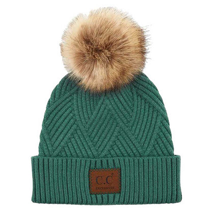 Women's Heather Beanie with Pom and Suede Patch