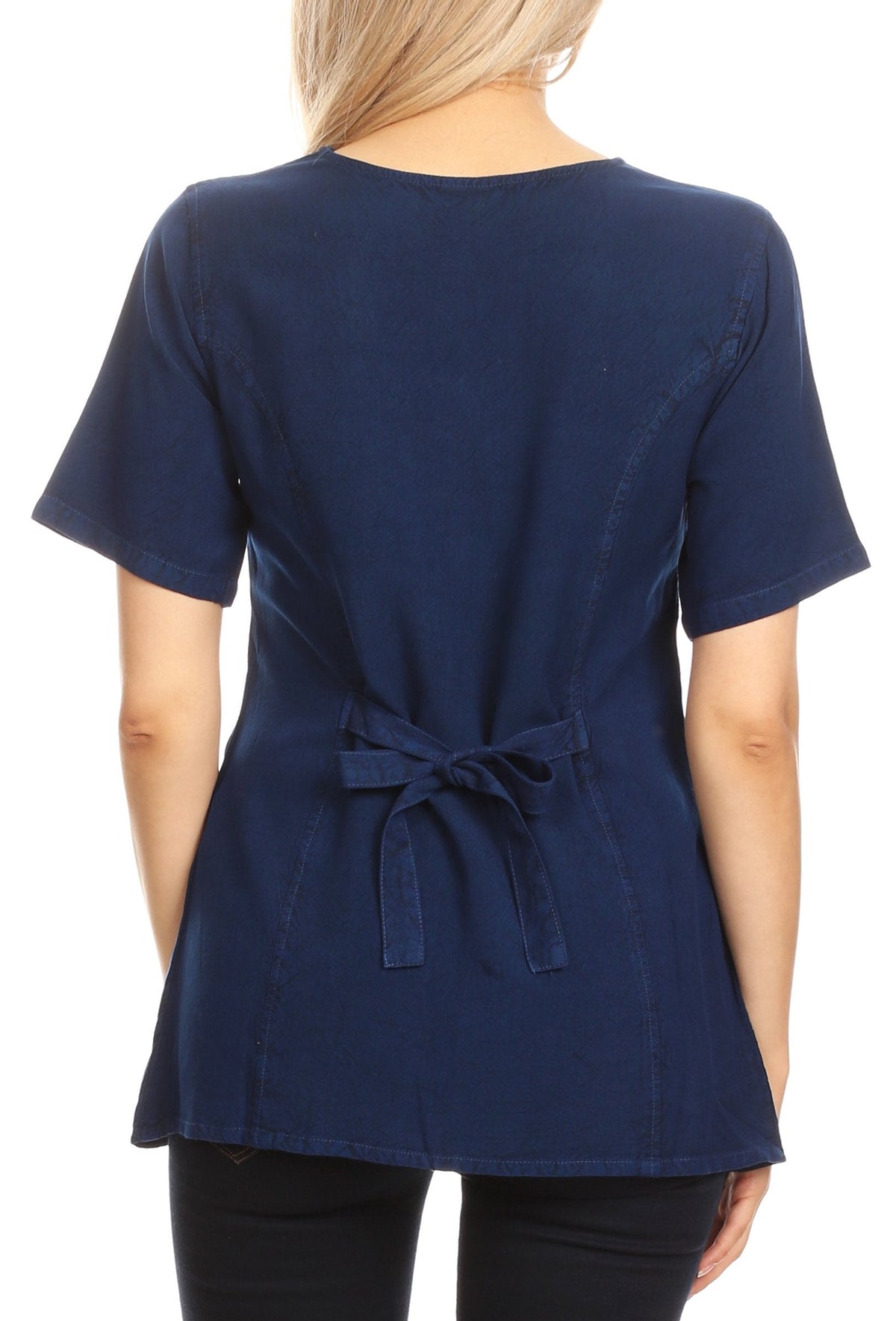 Embroidered V-Neck Button-Down Blouse