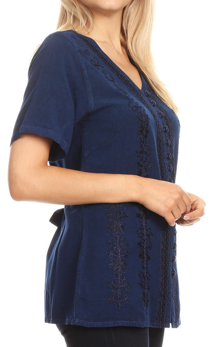 Embroidered V-Neck Button-Down Blouse