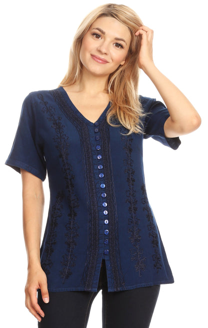 Embroidered V-Neck Button-Down Blouse