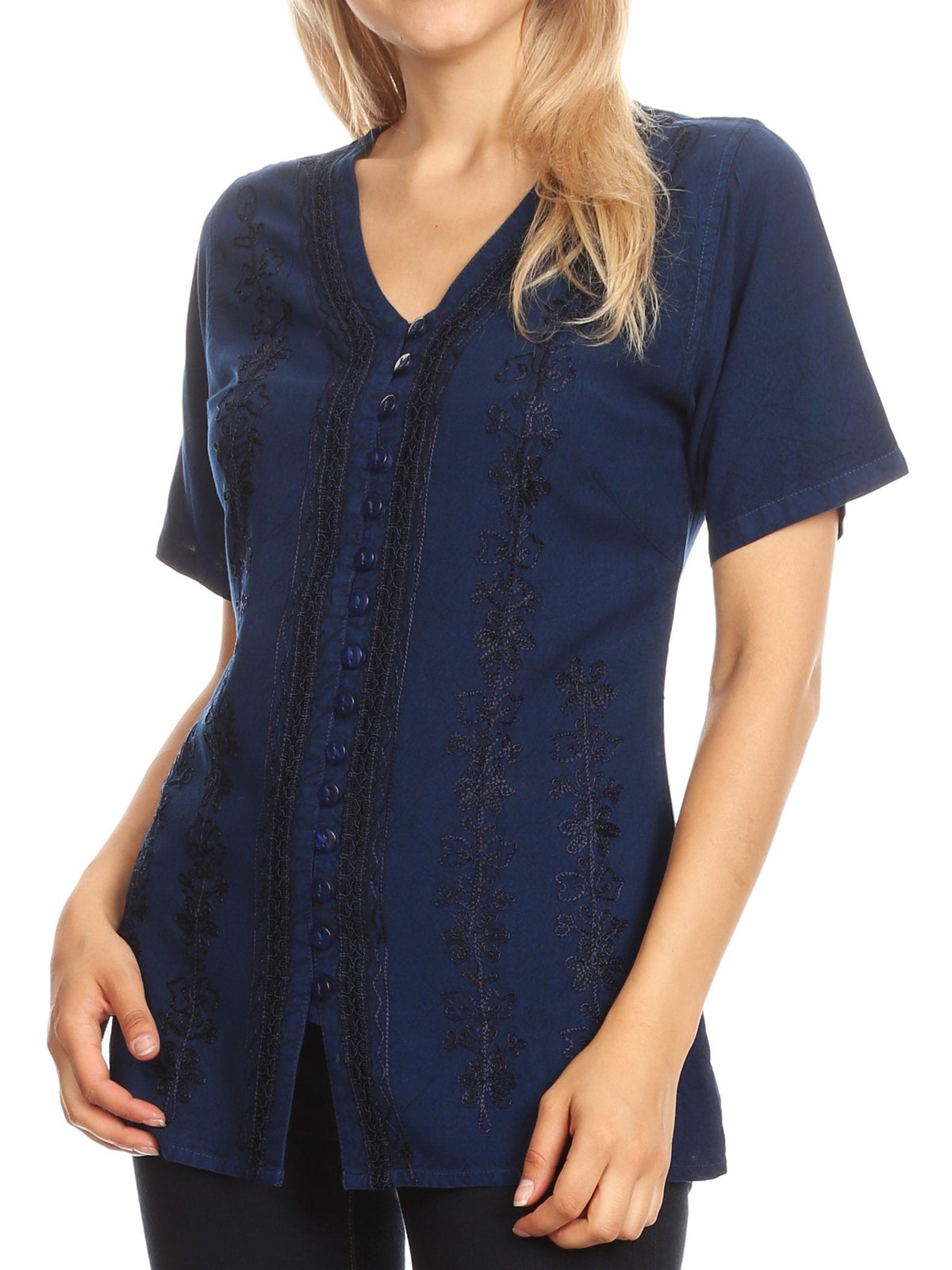 Embroidered V-Neck Button-Down Blouse