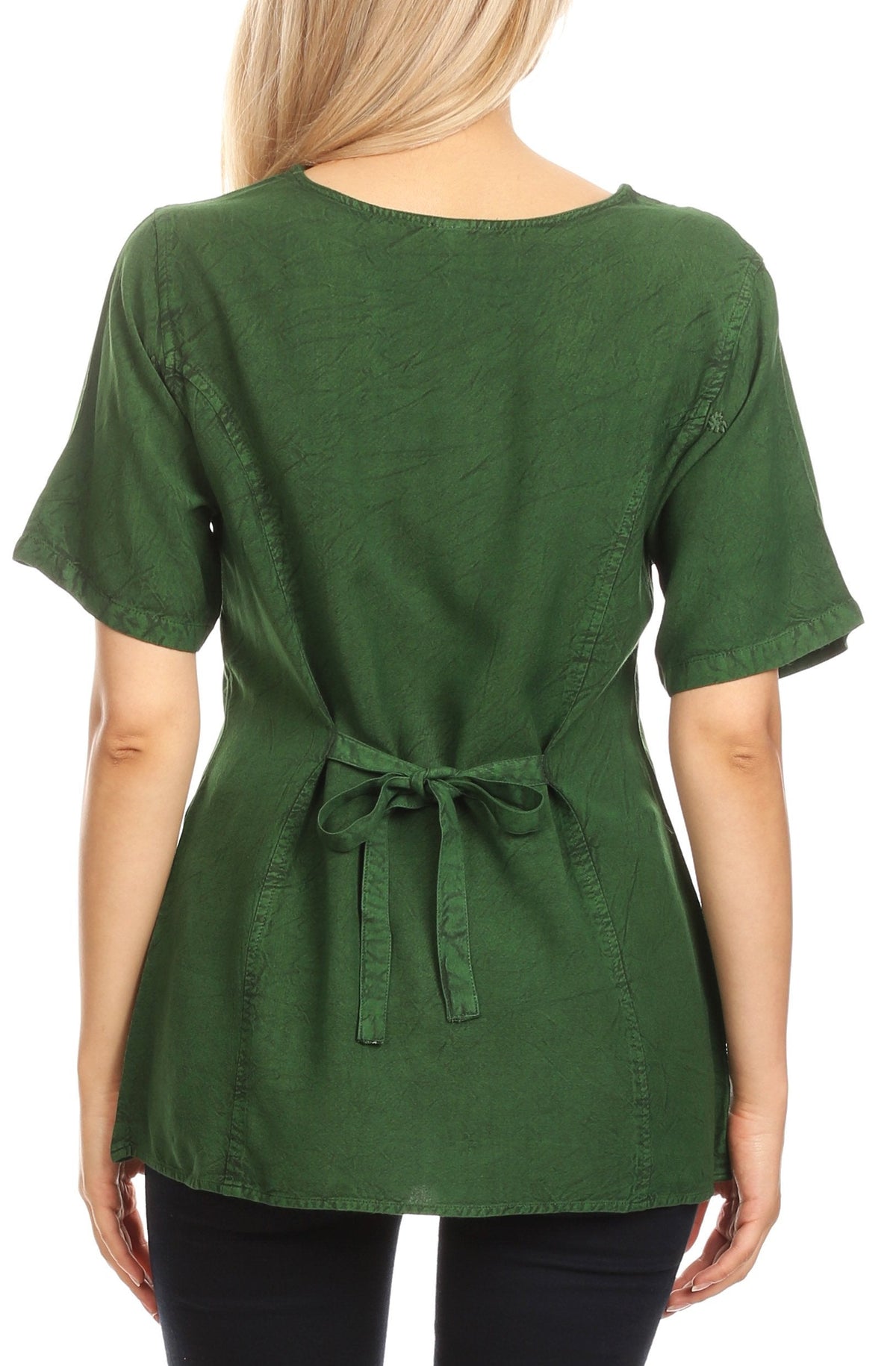 Embroidered V-Neck Button-Down Blouse