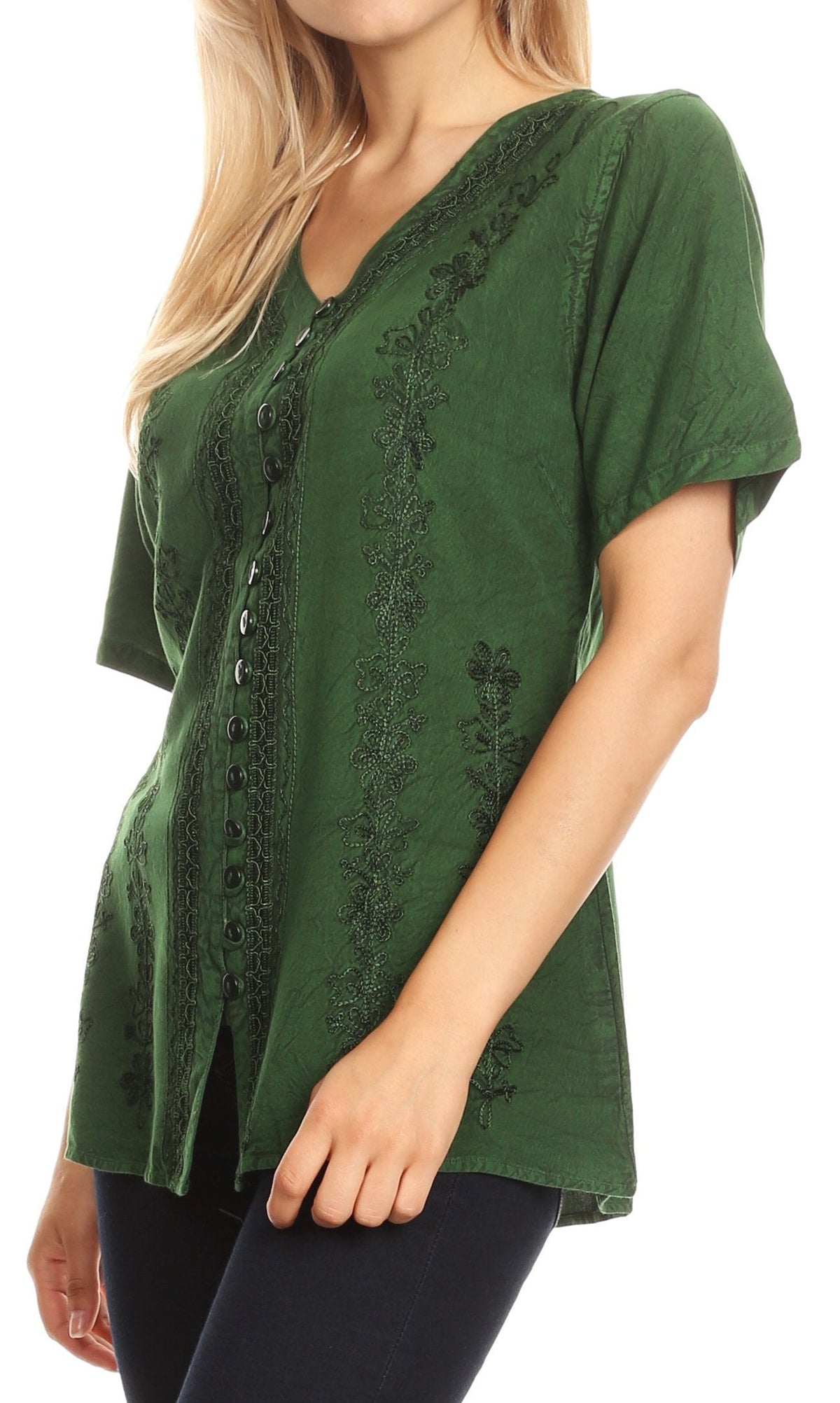 Embroidered V-Neck Button-Down Blouse