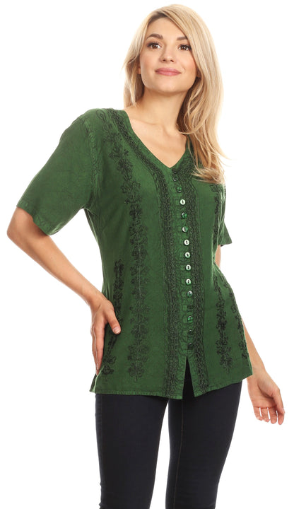 Embroidered V-Neck Button-Down Blouse