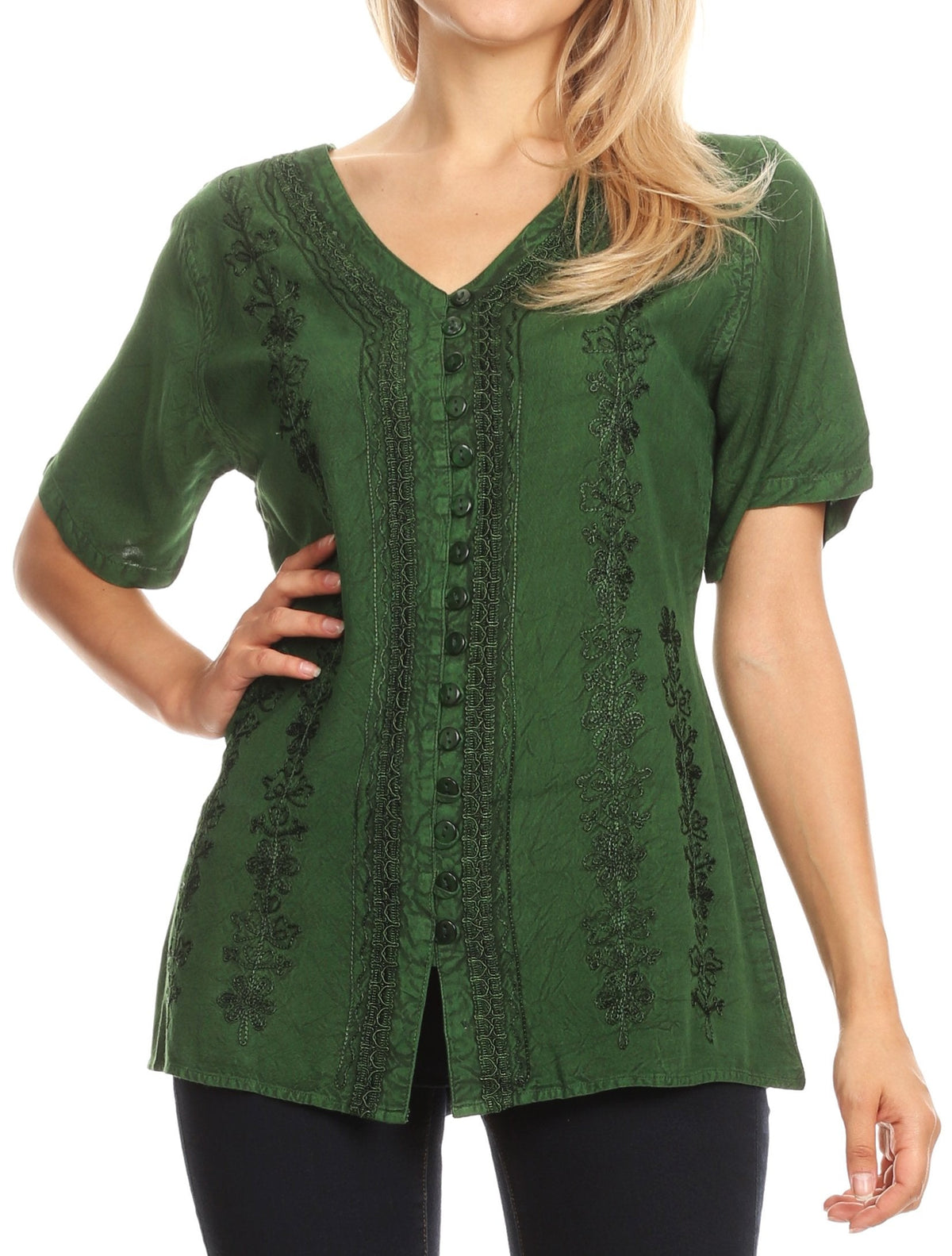 Embroidered V-Neck Button-Down Blouse