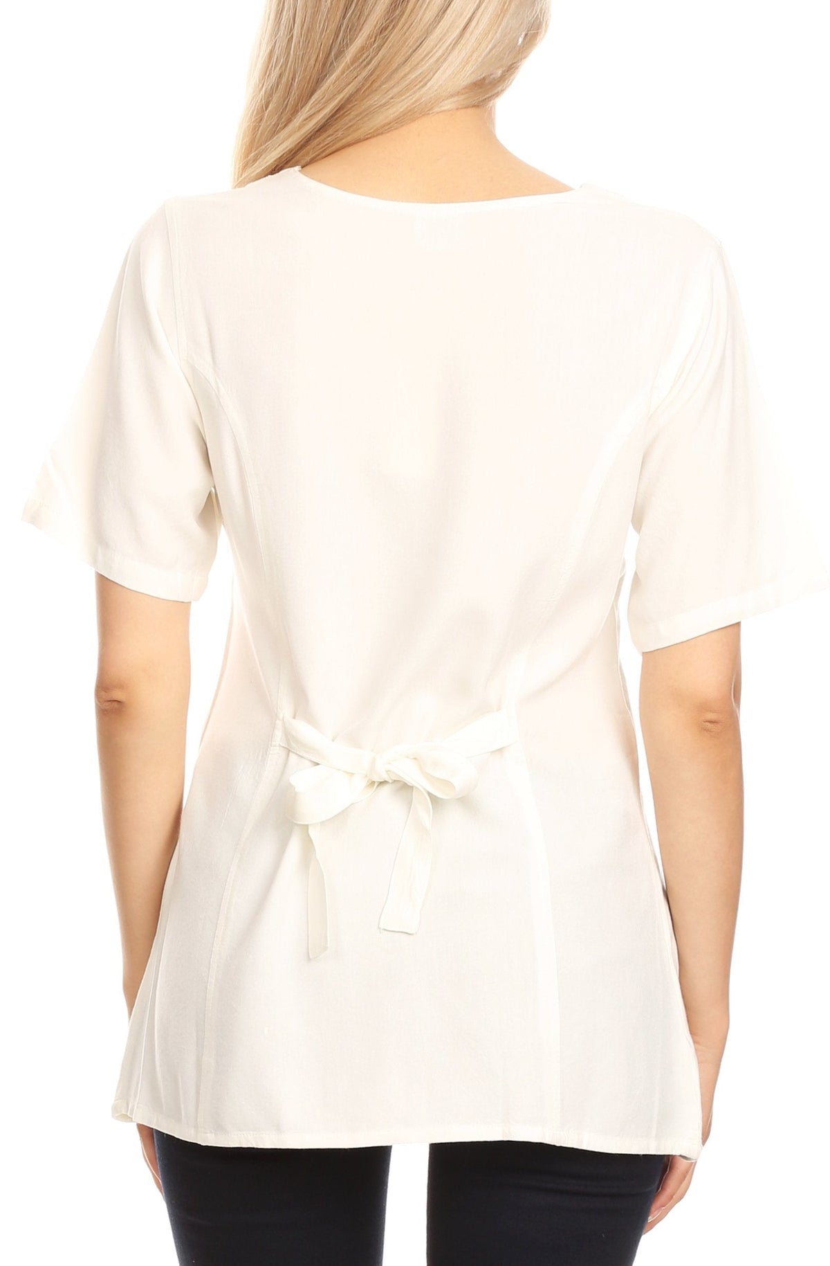 Embroidered V-Neck Button-Down Blouse