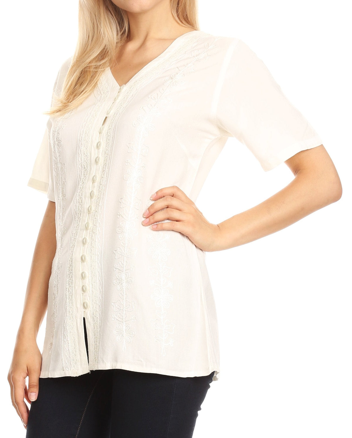 Embroidered V-Neck Button-Down Blouse