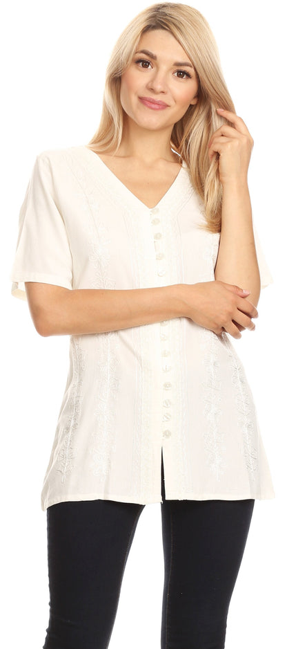 Embroidered V-Neck Button-Down Blouse