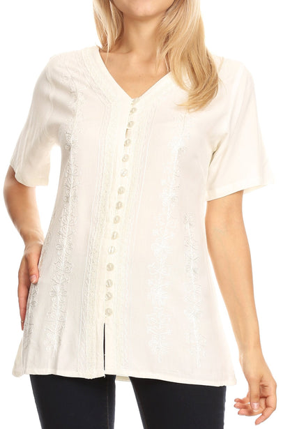 Embroidered V-Neck Button-Down Blouse