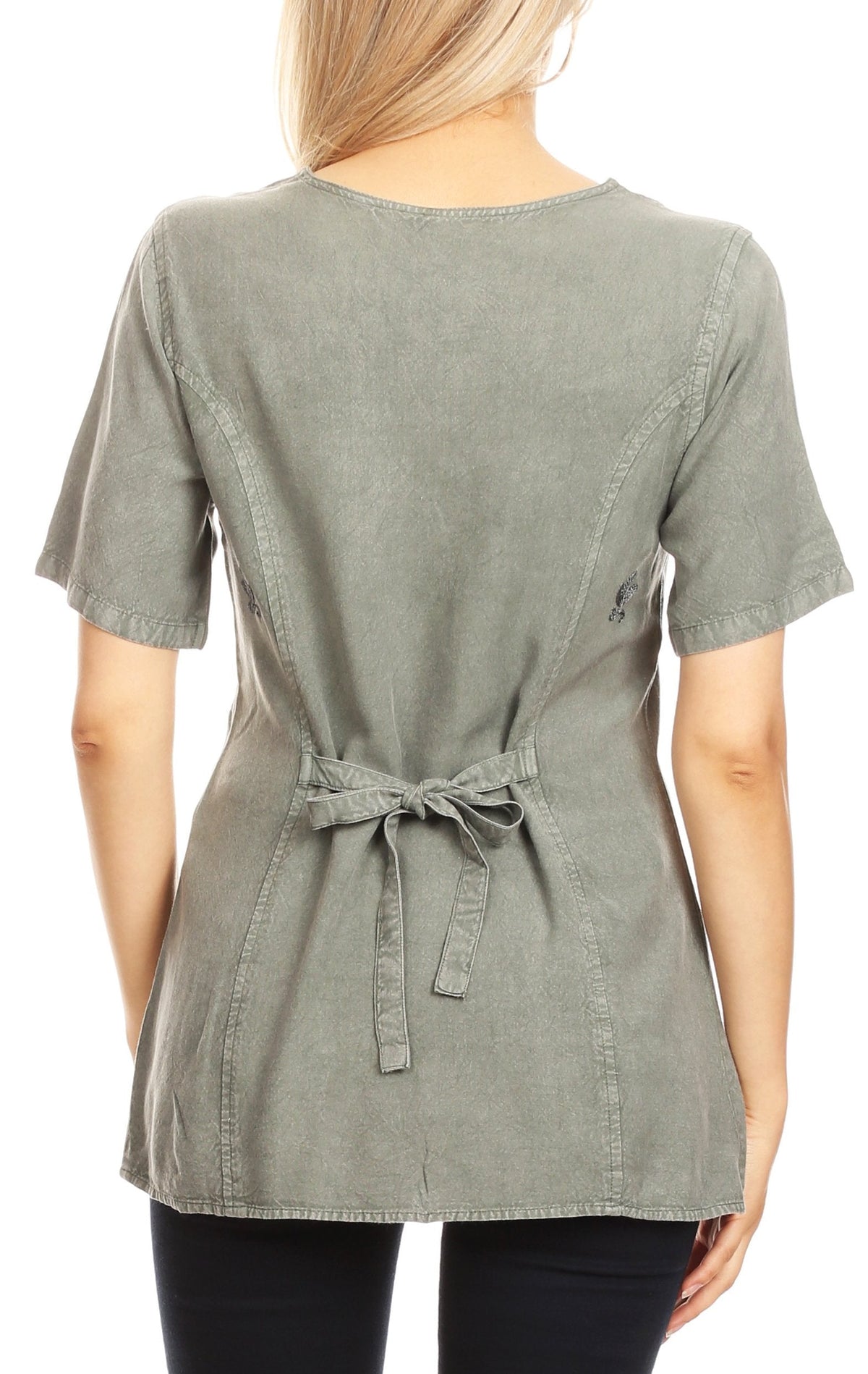 Embroidered V-Neck Button-Down Blouse