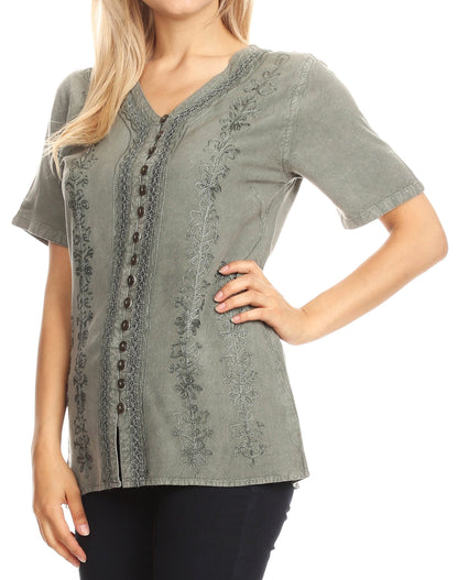 Embroidered V-Neck Button-Down Blouse