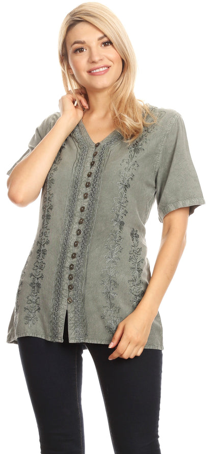 Embroidered V-Neck Button-Down Blouse