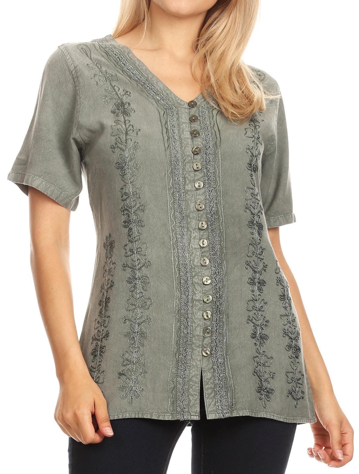 Embroidered V-Neck Button-Down Blouse