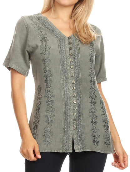 Embroidered V-Neck Button-Down Blouse