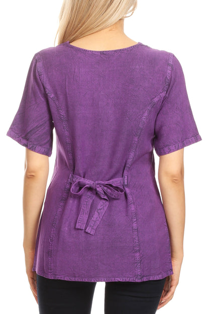 Embroidered V-Neck Button-Down Blouse