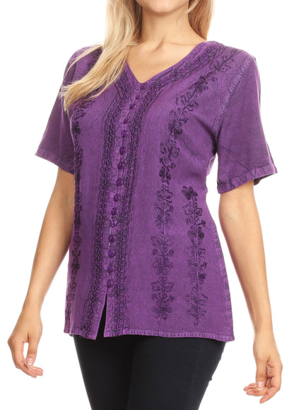 Embroidered V-Neck Button-Down Blouse